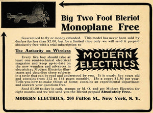 1912 Ad Modern Electrics Magazine Monoplane Bleriot NY - ORIGINAL TW1