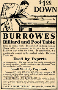 1912 Ad Burrowes Billiard Pool Table Portland ME Games - ORIGINAL TW1