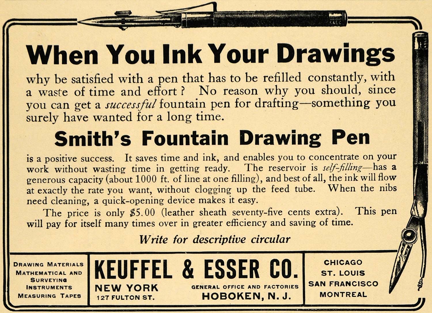 1914 Ad Fountain Pen Smith's Keuffel Esser Hoboken NJ - ORIGINAL ADVERTISING TW1