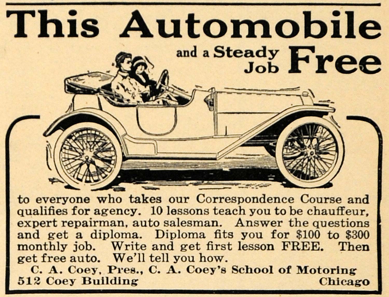 1914 Ad School of Motoring C. A. Coey Chicago Chauffeur - ORIGINAL TW1