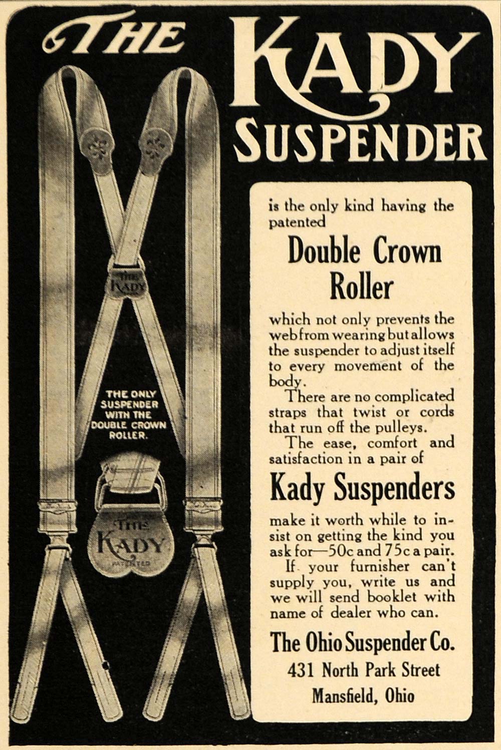 1908 Ad Kady Suspender Clothing Double Crown Roller - ORIGINAL ADVERTISING TW1