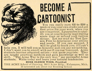 1908 Ad ACME School Drawing Cartoonist Course Kalamazoo - ORIGINAL TW1