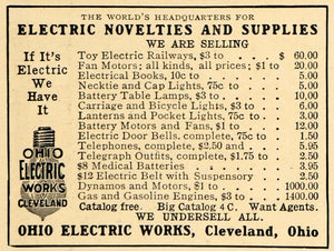1908 Ad Ohio Electric Novelties Supplies List Cleveland - ORIGINAL TW1