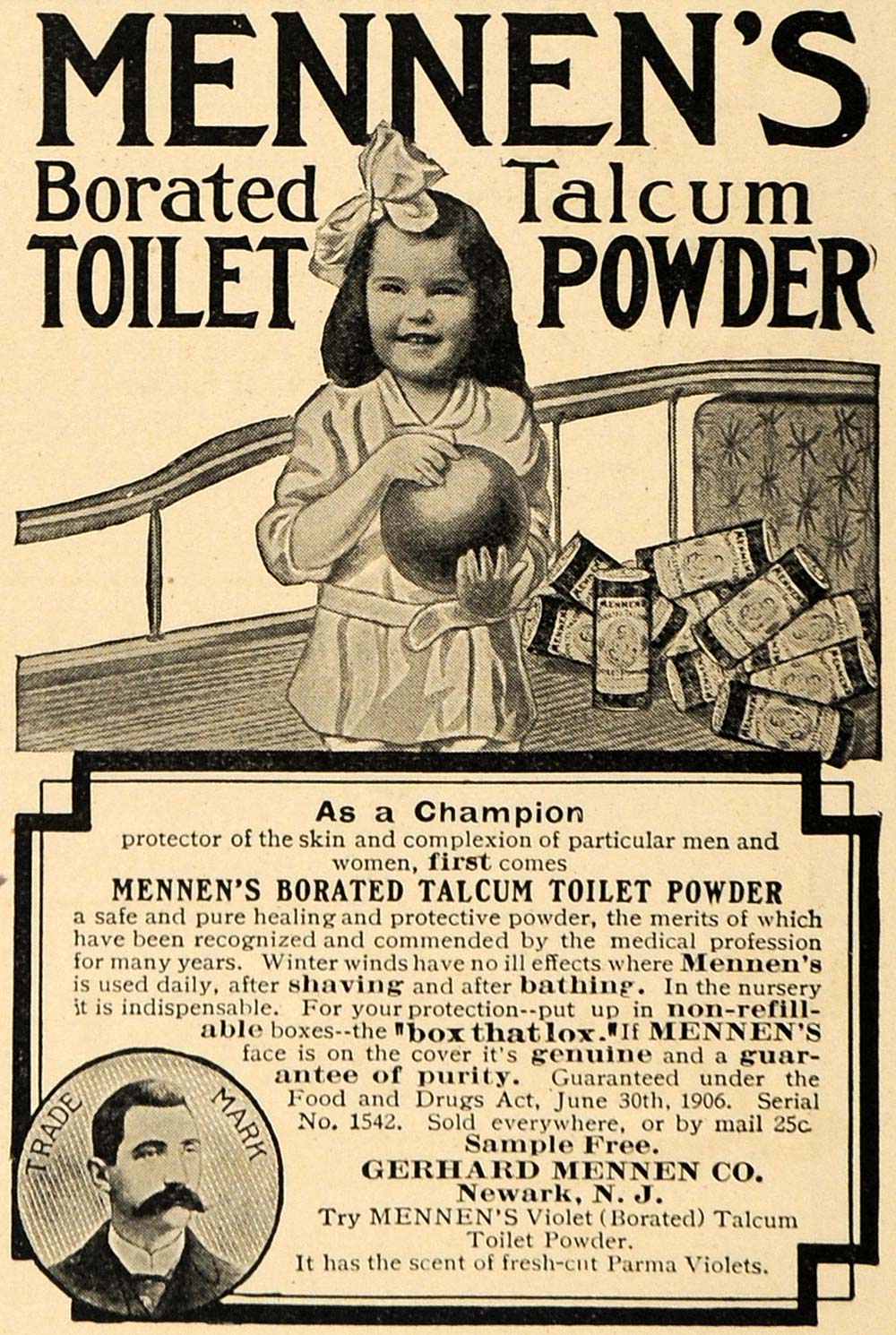 1908 Ad Gerhard Mennen Borated Talcum Toilet Powder - ORIGINAL ADVERTISING TW1