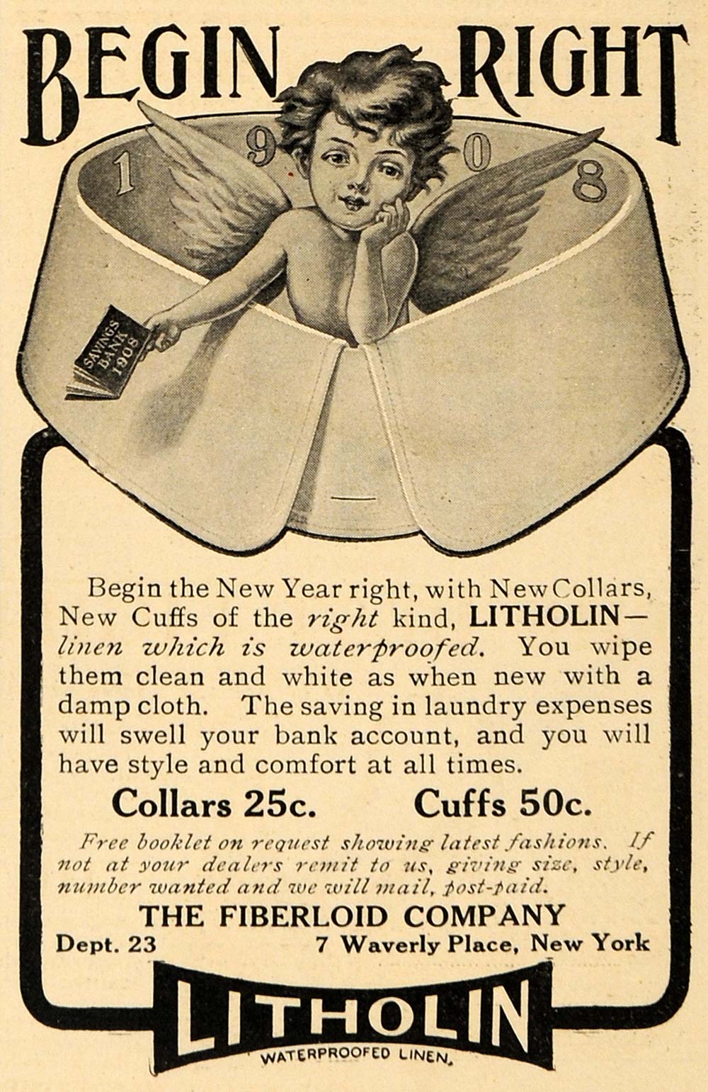 1908 Ad Fiberloid Litholin Collars Cuffs Angel Wings - ORIGINAL ADVERTISING TW1