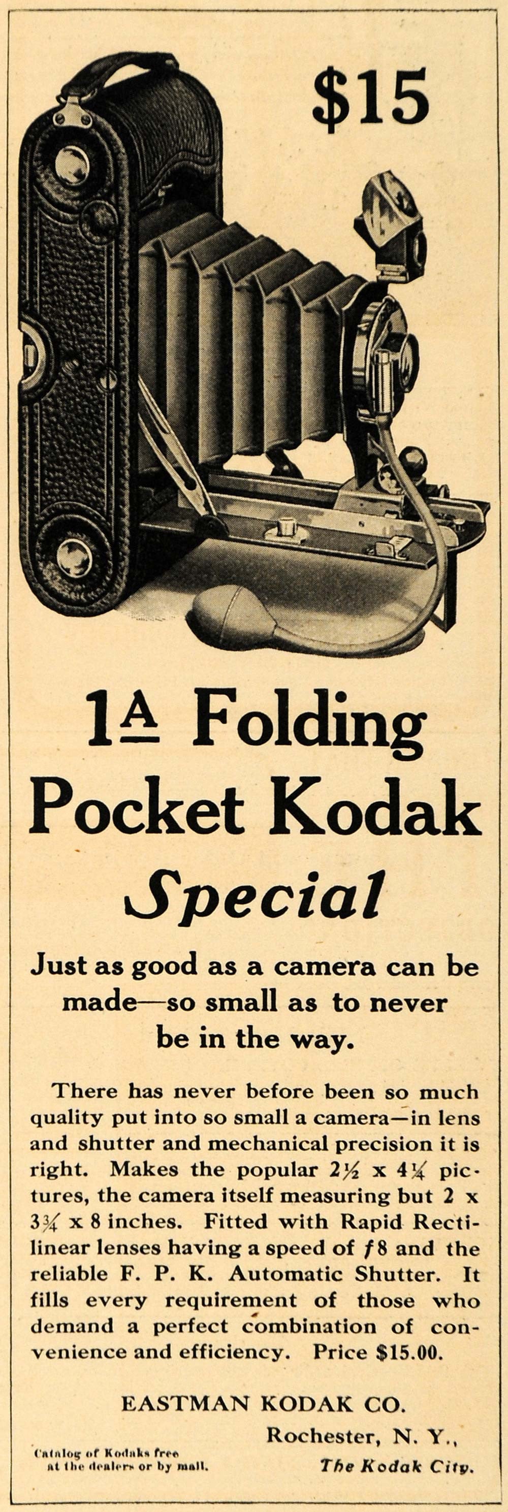 1908 Ad Eastman Kodak 1A Folding Pocket Camera Shutter - ORIGINAL TW1