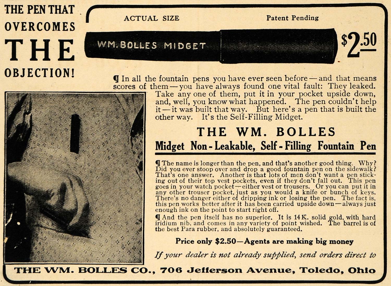 1908 Ad Wm. Bolles Midget Fountain Pen Self-Filling - ORIGINAL ADVERTISING TW1