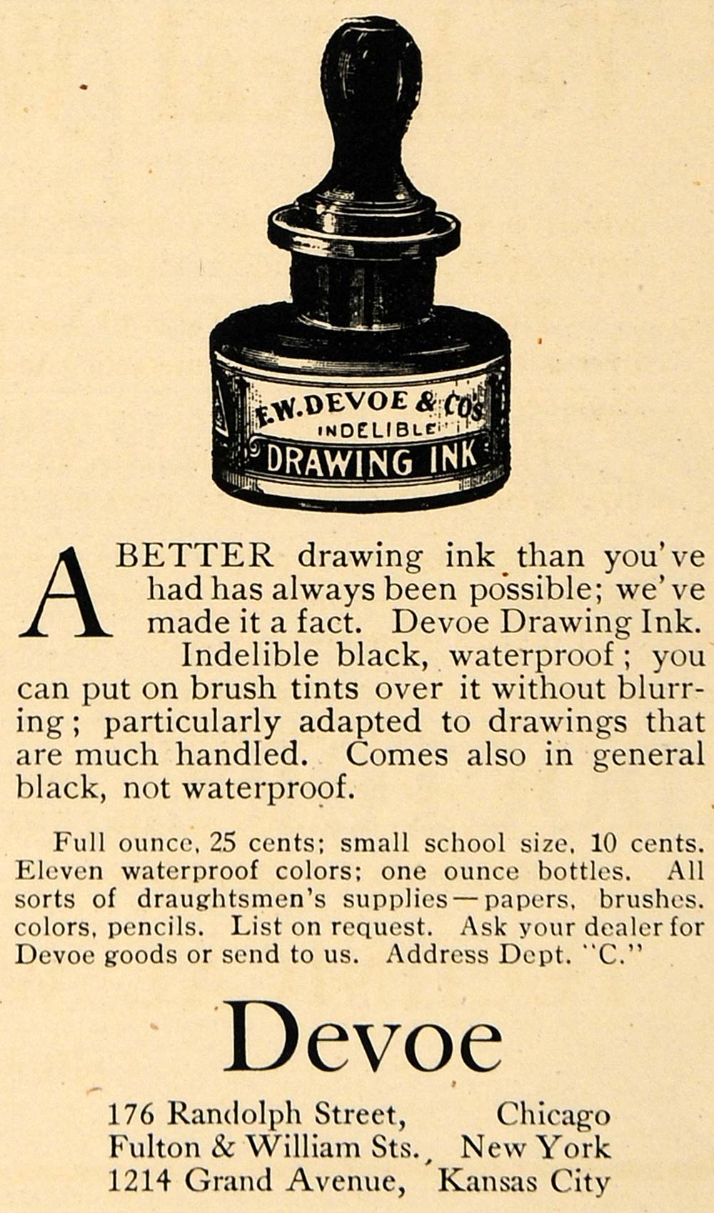1908 Ad F. W. Devoe Black Drawing Ink Bottle Waterproof - ORIGINAL TW1
