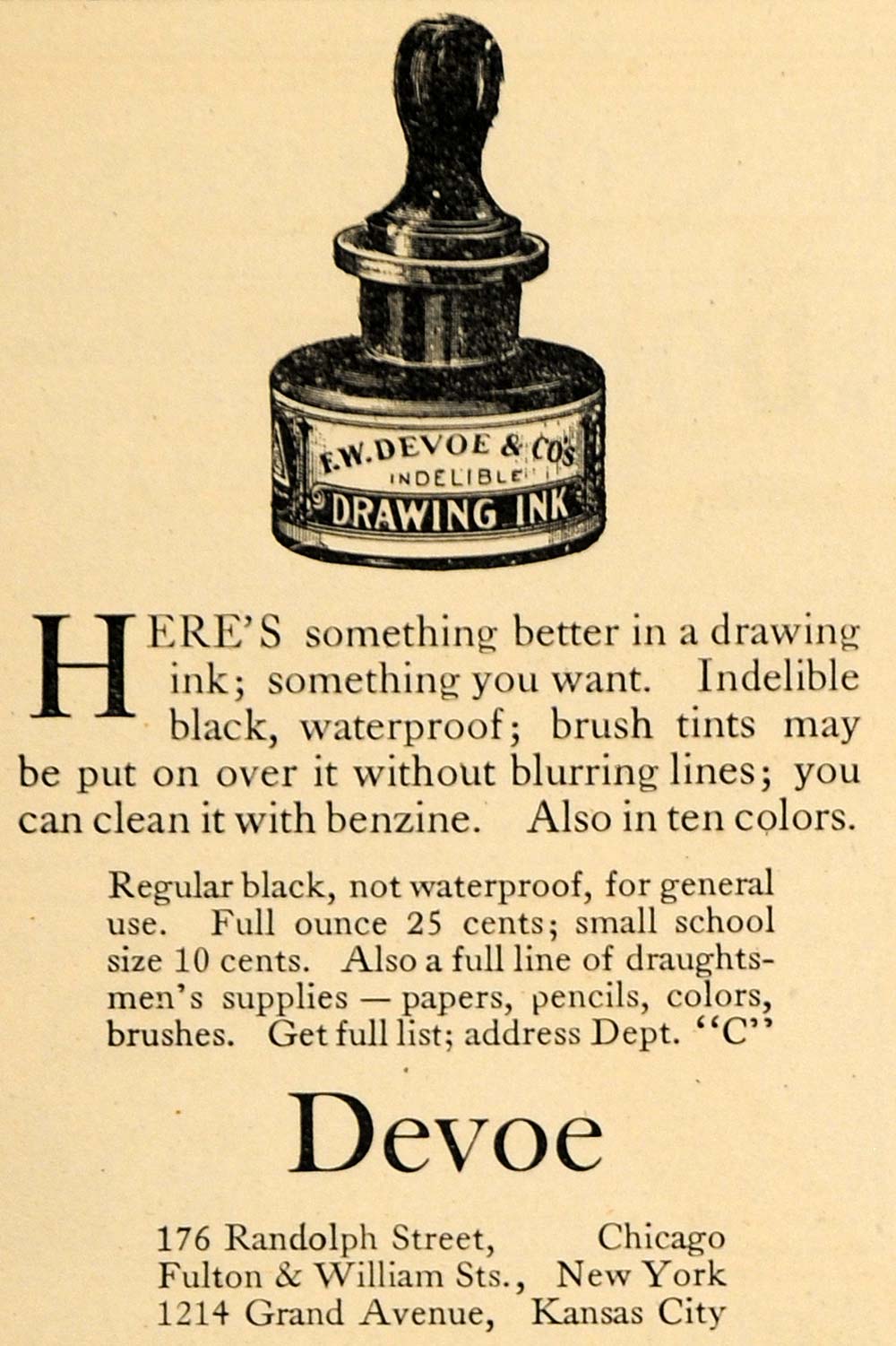 1908 Ad F. W. Devoe's Draughtsmen Drawing Ink Bottle - ORIGINAL ADVERTISING TW1