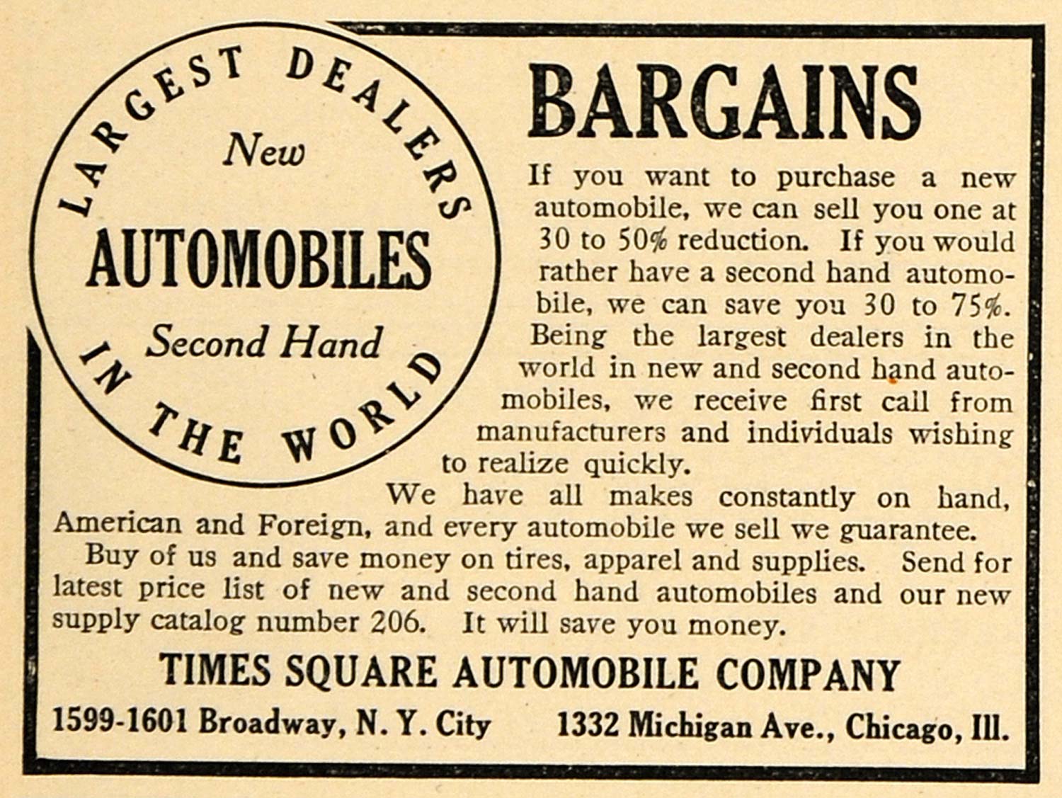 1908 Ad Square Second Hand Automobiles Dealers New York - ORIGINAL TW1
