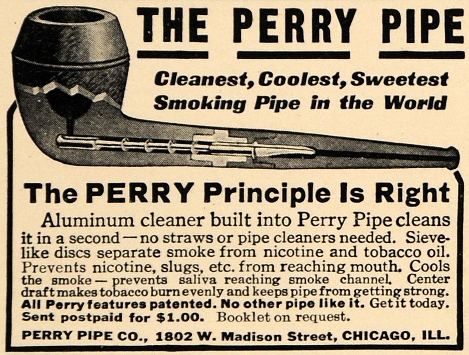 1914 Ad Perry Tobacco Pipes Built-In Aluminum Cleaner - ORIGINAL ADVERTISING TW1