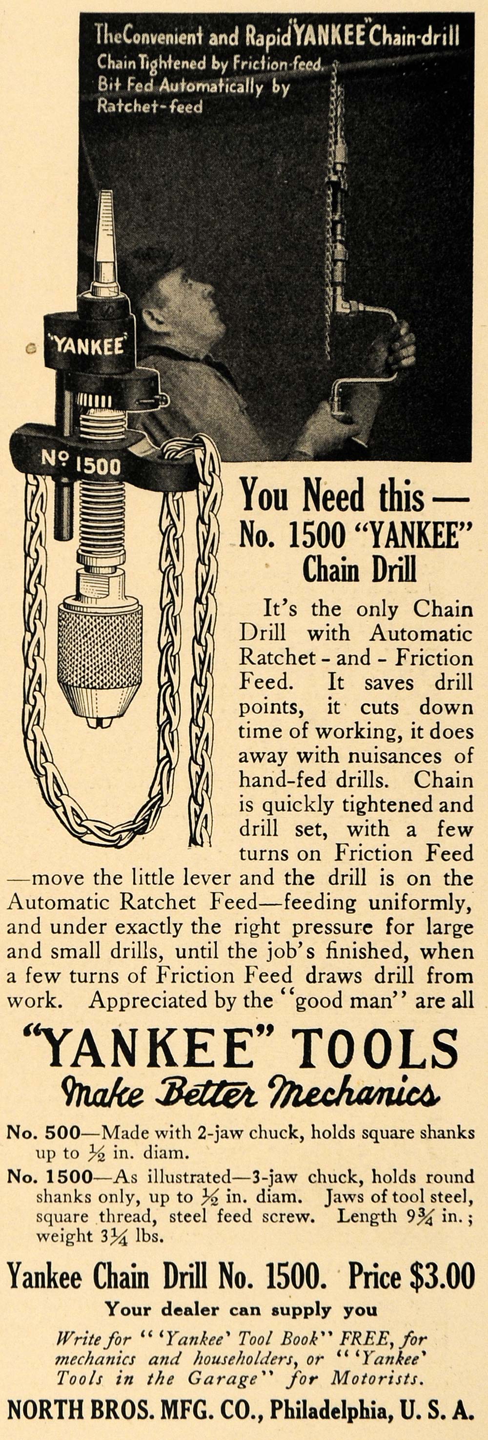 1915 Ad North Bros. Chain Drill Ratchet Friction Feed - ORIGINAL ADVERTISING TW1