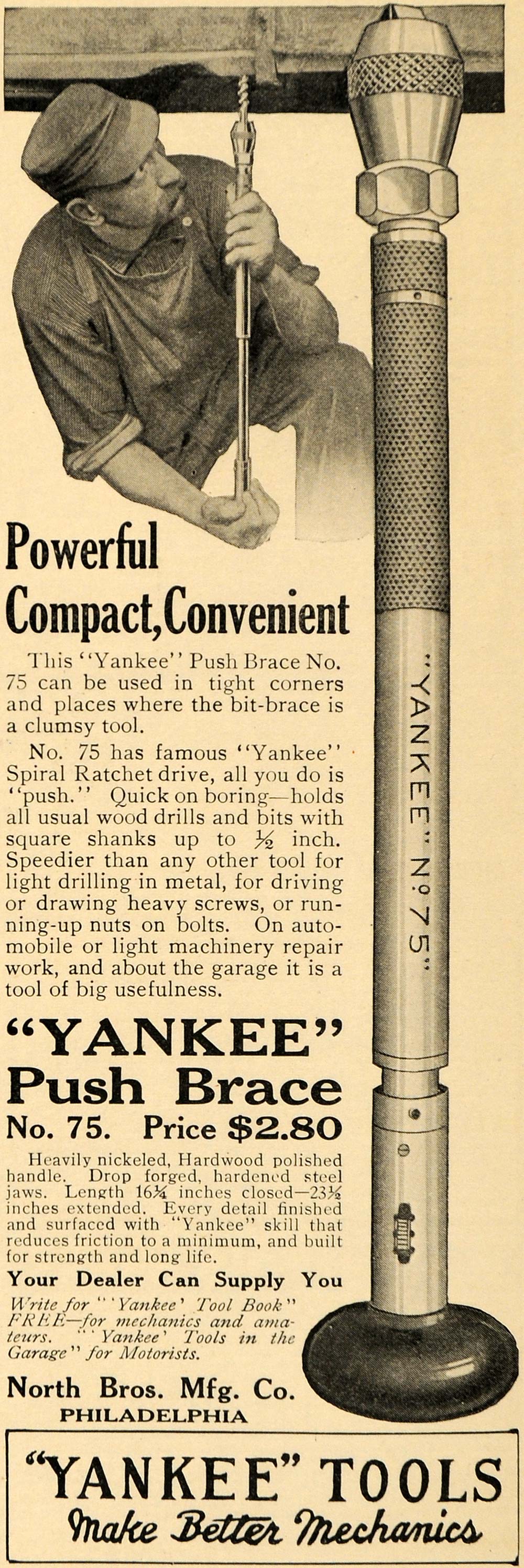 1915 Ad North Bros. Yankee Push Brace Drilling Metal - ORIGINAL ADVERTISING TW1