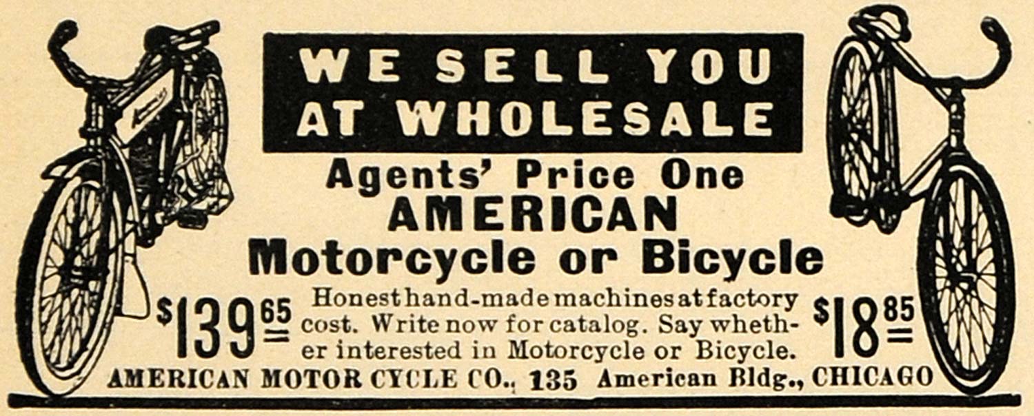 1912 Ad American Motorcycle Wholesale Motorbike Bicycle - ORIGINAL TW1