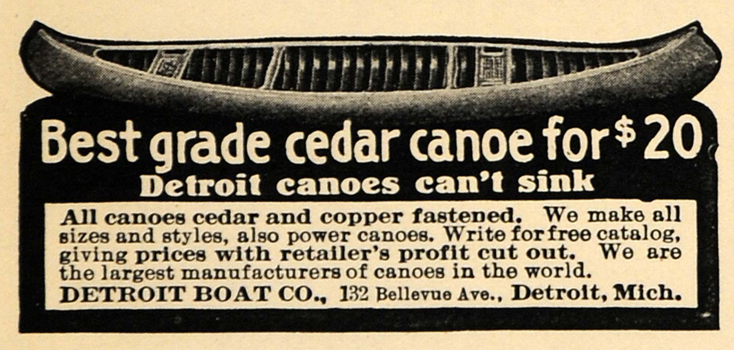 1912 Ad Detroit Boats Copper Fastened Cedar Canoes - ORIGINAL ADVERTISING TW1