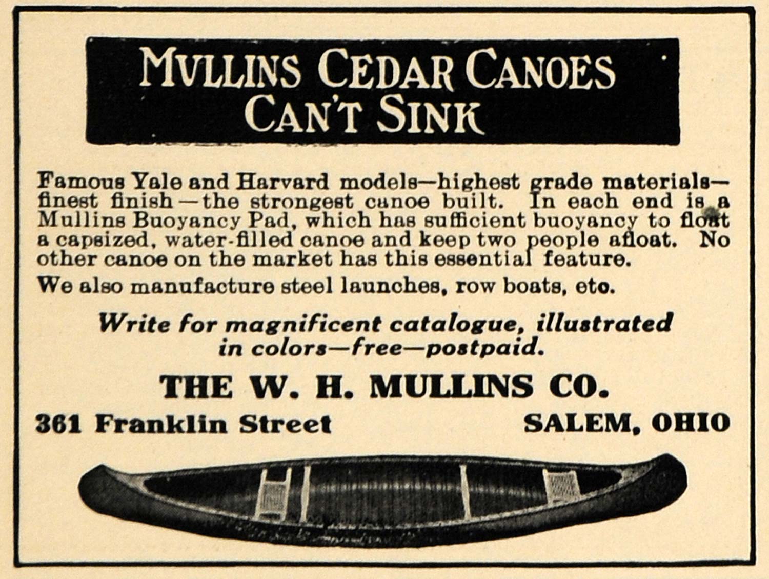 1912 Ad W. H. Mullins Harvard Yale Cedar Canoe Models - ORIGINAL ADVERTISING TW1