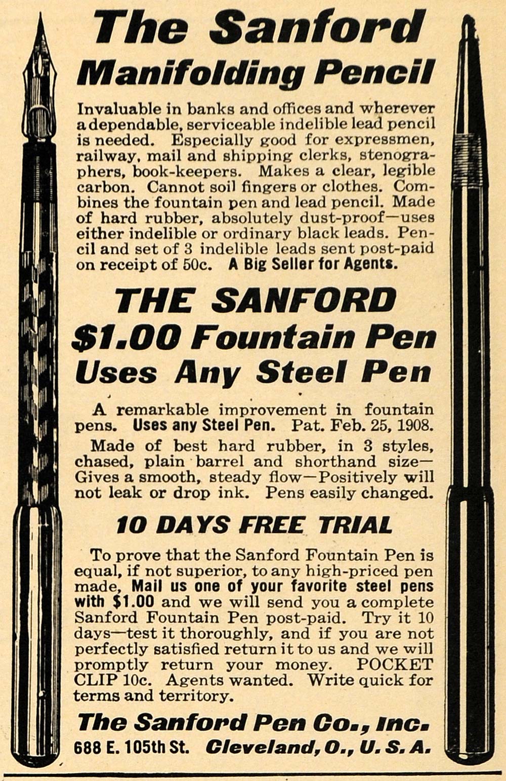 1910 Ad Sanford Manifolding Pencil Fountain Pens Steel - ORIGINAL TW1