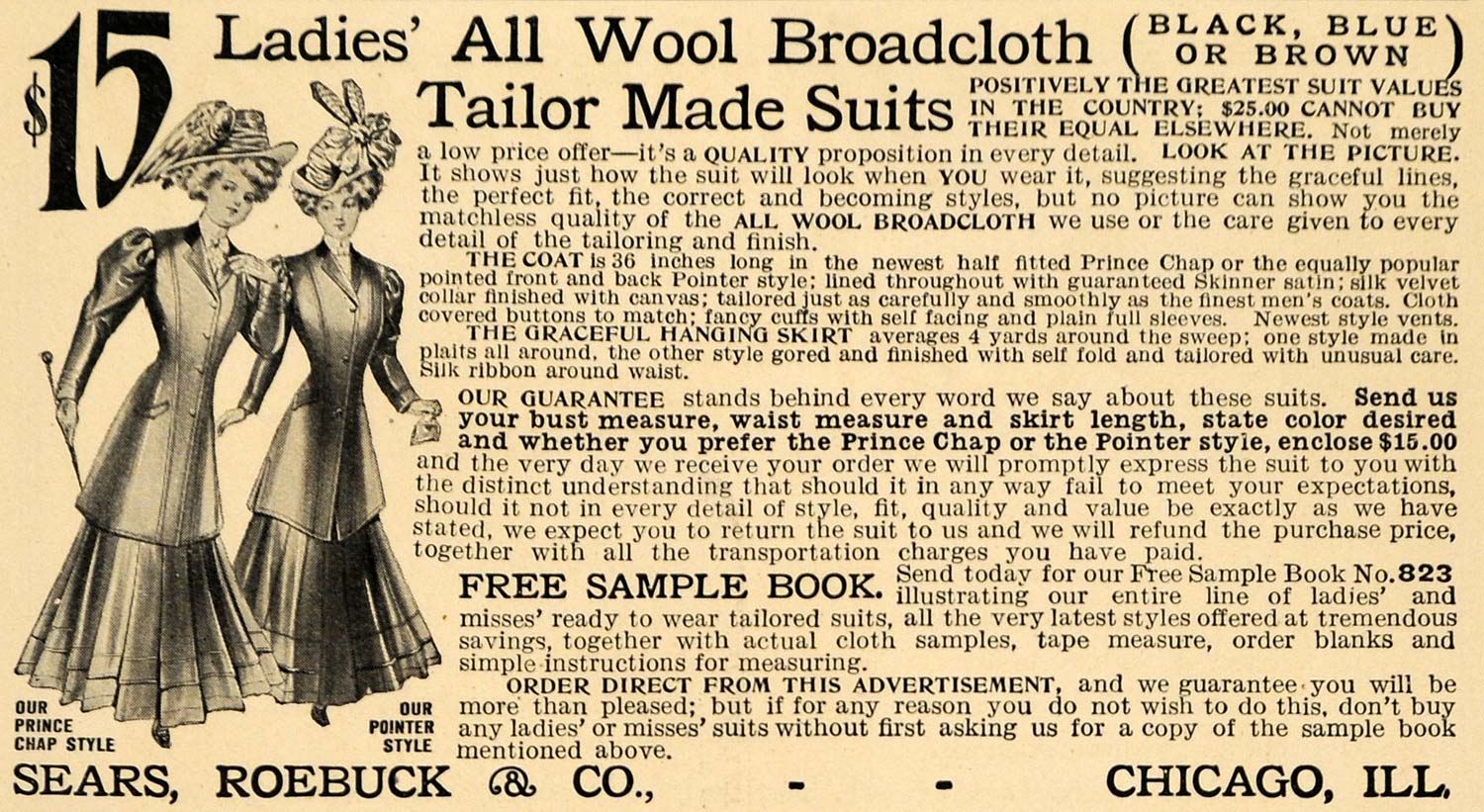 1908 Ad Wool Broadcloth Tailor Made Suits Women Sears - ORIGINAL ADVERTISING TW1