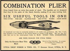 1908 Ad Combination Pliers Tools Utica Flatnose Reamer - ORIGINAL TW1