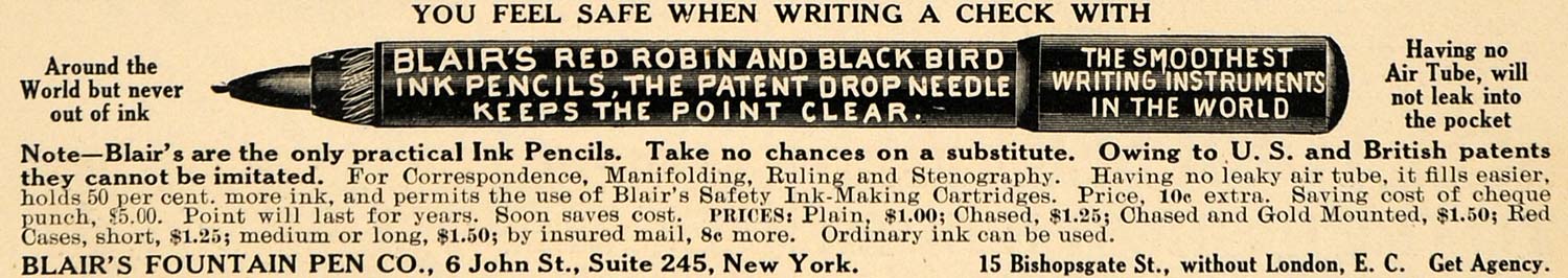 1908 Ad Blair Red Robin Black Bird Ink Pencils Fountain - ORIGINAL TW1
