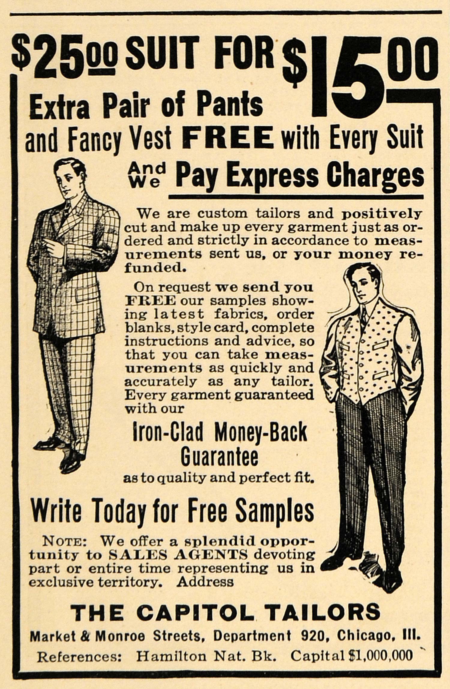 1908 Ad Pants Fancy Vest Suit Express Charge Tailors - ORIGINAL ADVERTISING TW1