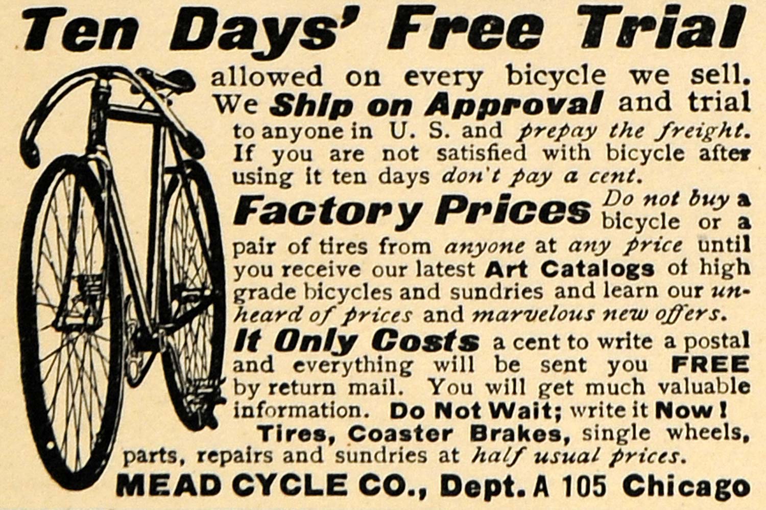 1908 Ad Free Trial Factory Bicycle Mead Cycle Bike Tire - ORIGINAL TW1