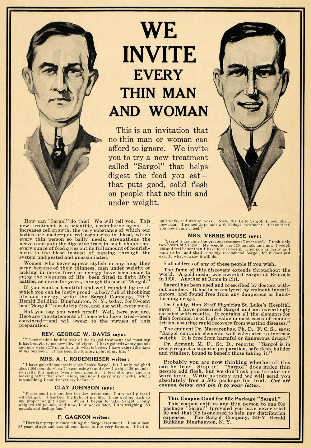 1912 Ad Sargol Treatment For Thin People Clay Johnson - ORIGINAL ADVERTISING TW1