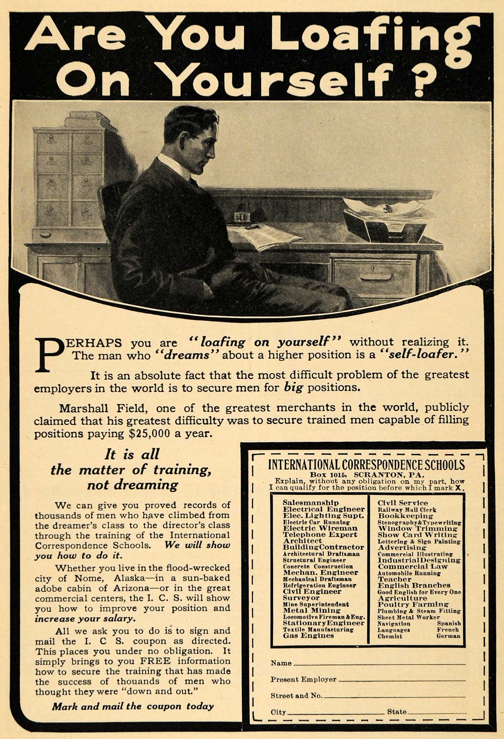 1914 Ad Int'l Correspondence School Marshall Field - ORIGINAL ADVERTISING TW1