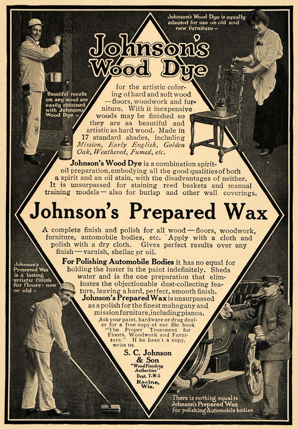 1914 Ad S. C. Johnson's Wood Dye Prepared Wax Cars - ORIGINAL