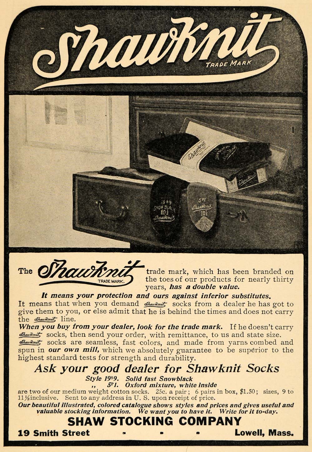 1908 Ad Shawknite Socks Stocking Models Lowell Mass - ORIGINAL ADVERTISING TW1