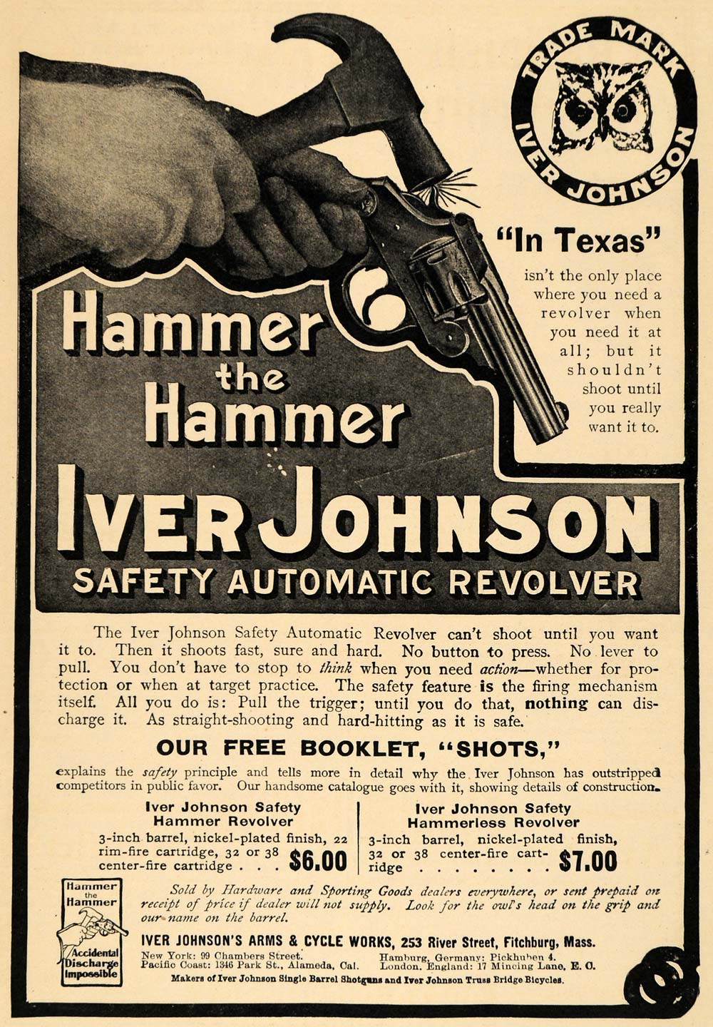 1908 Ad Iver Johsnon Auto Revolver Hammer the Hammer - ORIGINAL ADVERTISING TW1