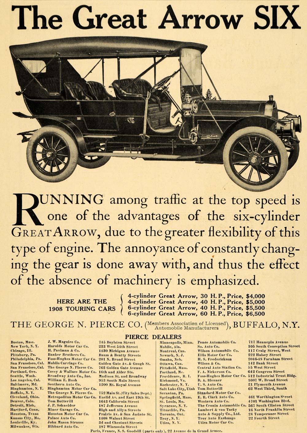 1908 Ad Great Arrow Six Antique Car George N. Pierce - ORIGINAL ADVERTISING TW1
