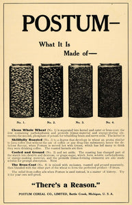 1908 Ad Postum Cereal Wheat Bran Beans Ingredient Tubes - ORIGINAL TW1