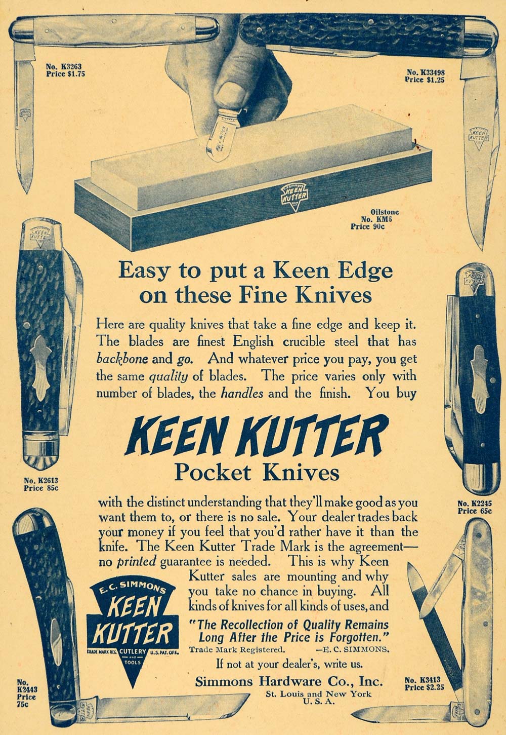 1912 Ad Simmons Hardware Keen Kutter Tool Pocket Knives ORIGINAL TW1