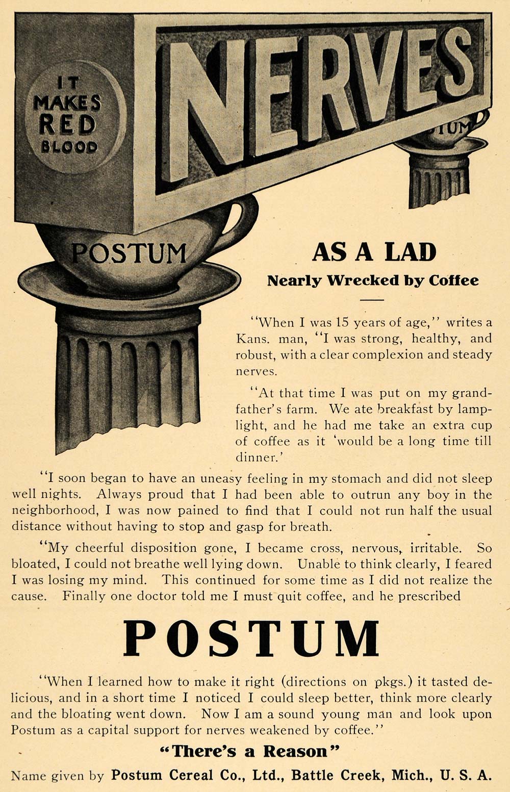 1909 Ad Postum Cereal Co Caffeine-Free Beverage Mix - ORIGINAL ADVERTISING TW1