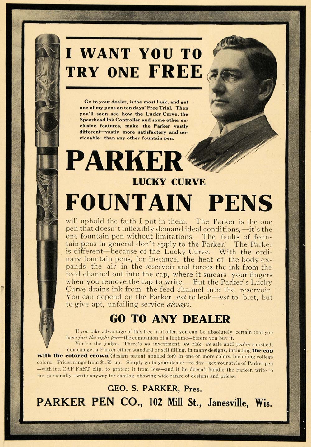 1908 Ad Parker's Lucky Curve Fountain Pen Janesville WI - ORIGINAL TW1