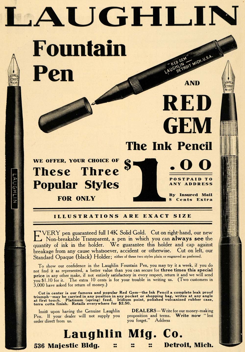 1908 Ad Laughlin Fountain Pen Red Gem Ink Pencil Price - ORIGINAL TW1