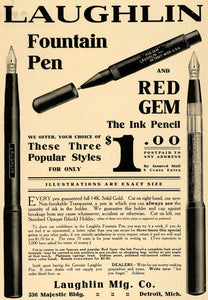 1908 Ad Laughlin Fountain Pen Red Gem Ink Pencil Price - ORIGINAL TW1