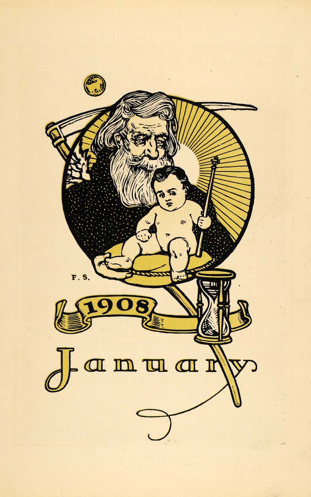 1908 Print Fred Stearns Father Time New Years Day Baby - ORIGINAL TW2