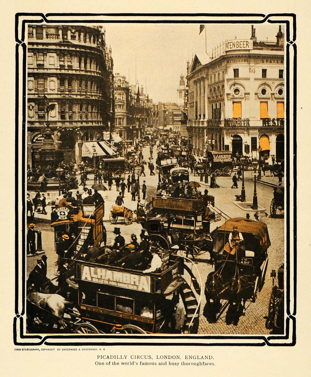 1908 Print Piccadilly Circus London Streetcar People - ORIGINAL TW2