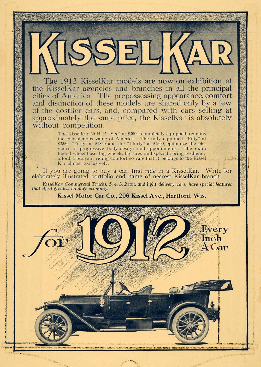 1911 Ad KisselKar 1912 Six Models Antique Car Hartford - ORIGINAL TW3