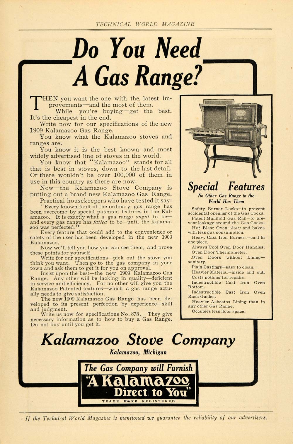 1909 Ad Kalamazoo Gas Range Stove Antique Michigan - ORIGINAL ADVERTISING TW3
