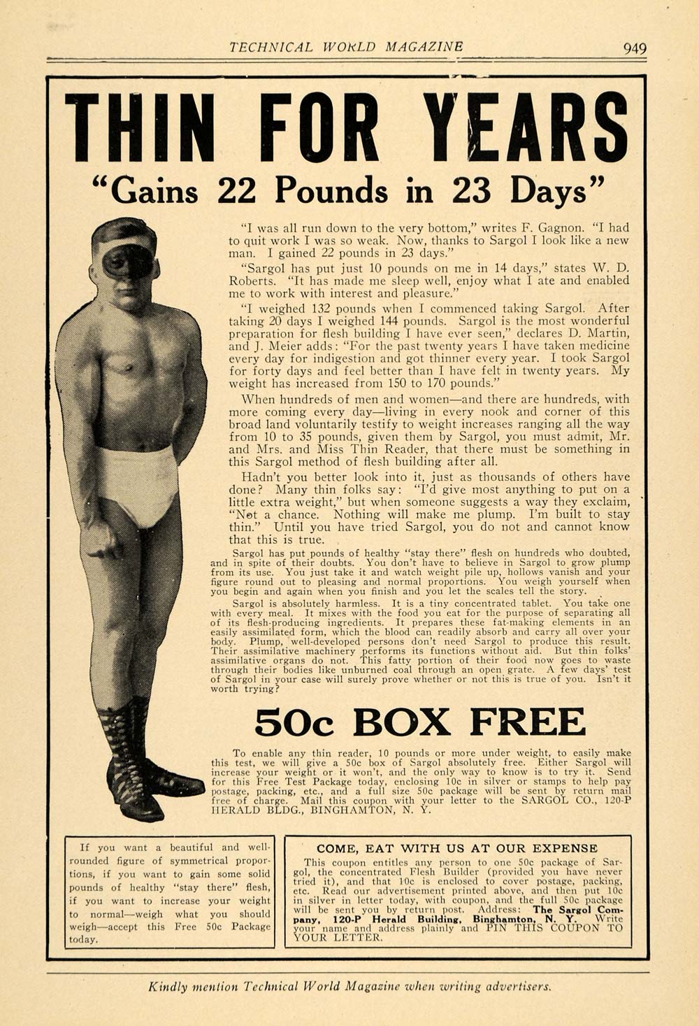 1914 Ad Thin for Years Sargol F Gagnon Body Builder Man - ORIGINAL TW3