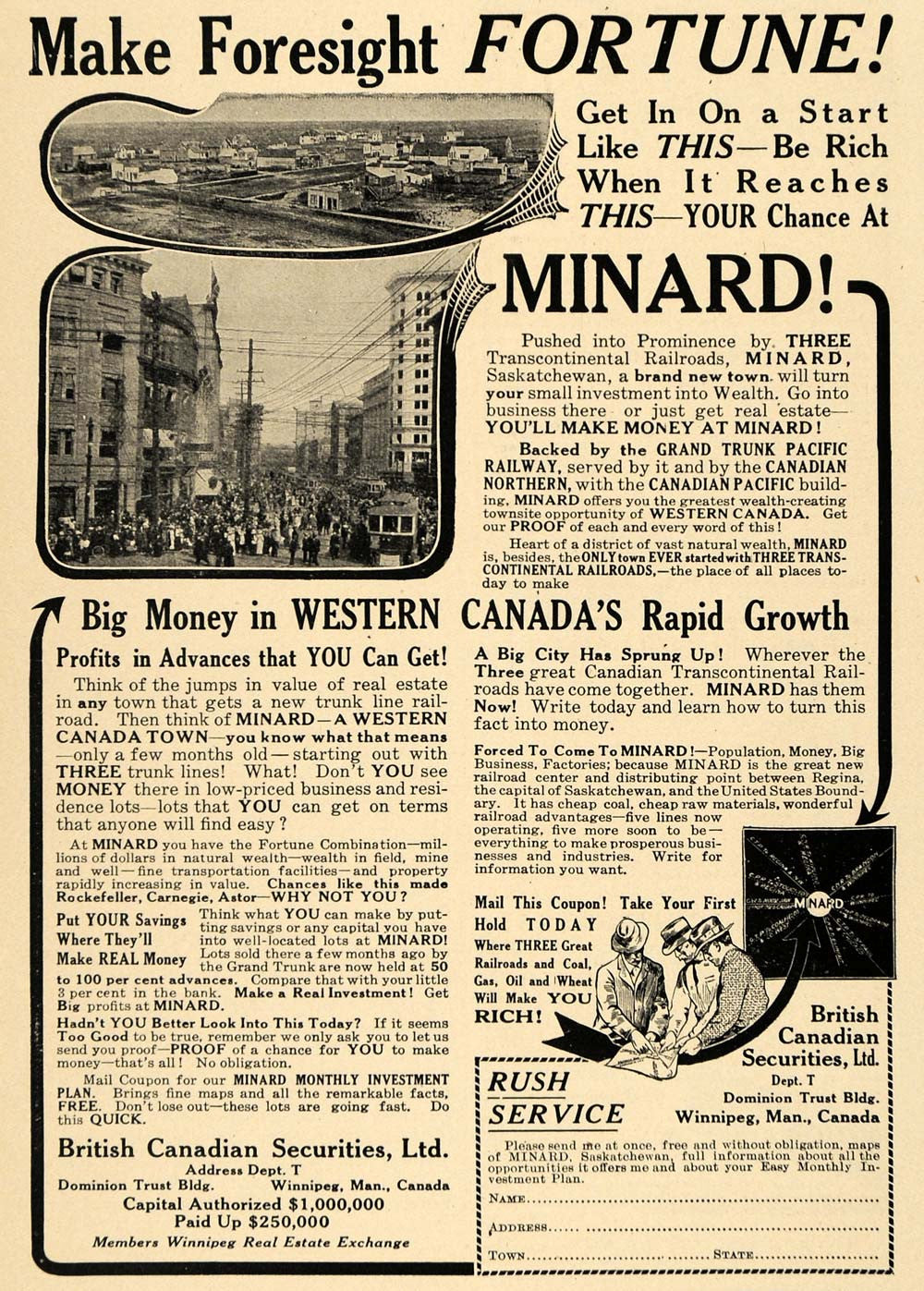 1914 Ad Minard Real Estate Transcontinental Railway - ORIGINAL ADVERTISING TW3 - Period Paper

