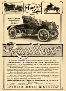 1907 Ad Thomas B Jeffery & Co. Rambler Model 22 Auto - ORIGINAL ADVERTISING TW3
