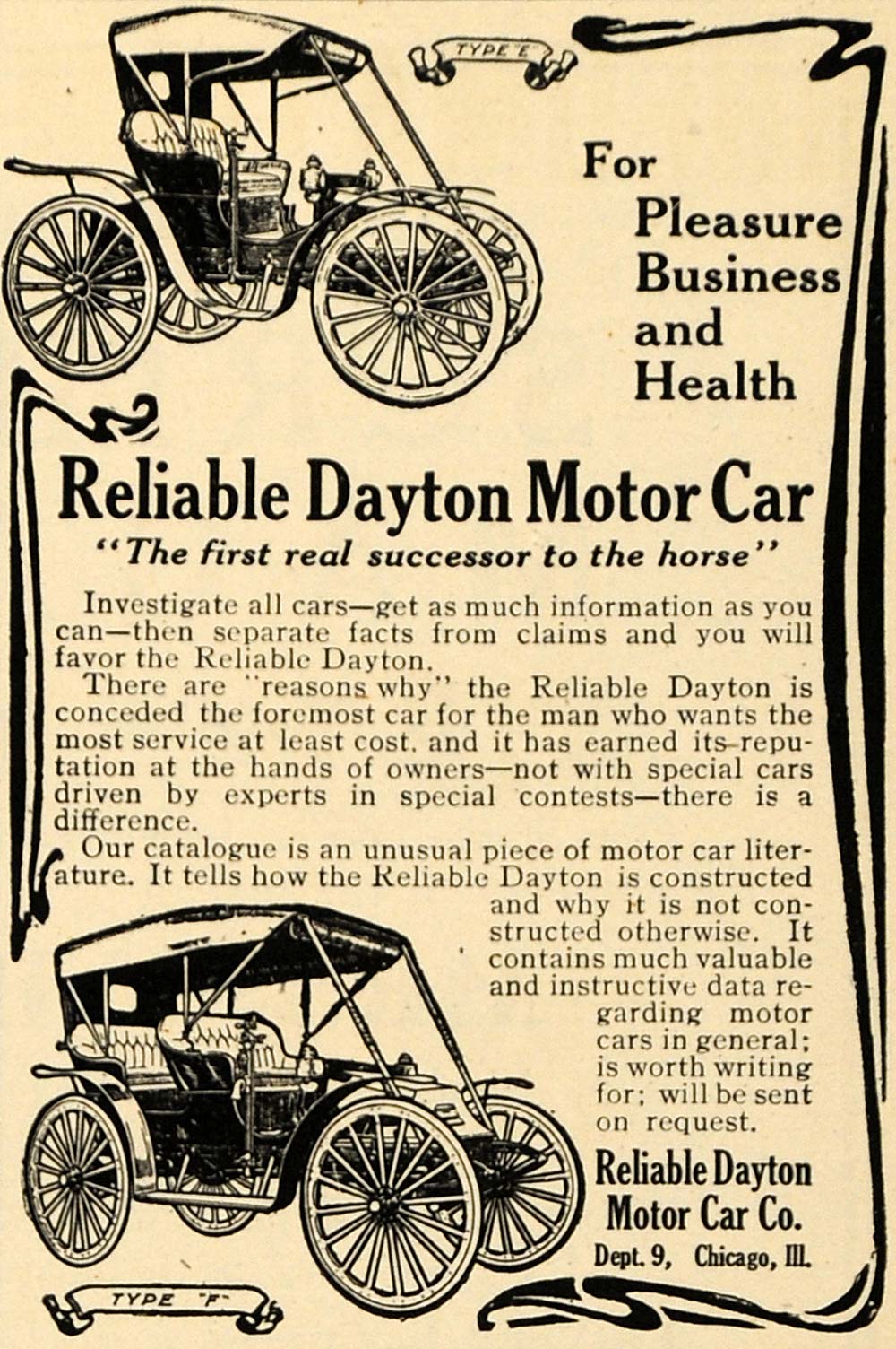 1909 Ad Reliable Dayton Motor Car Antique Model F and E - ORIGINAL TW3