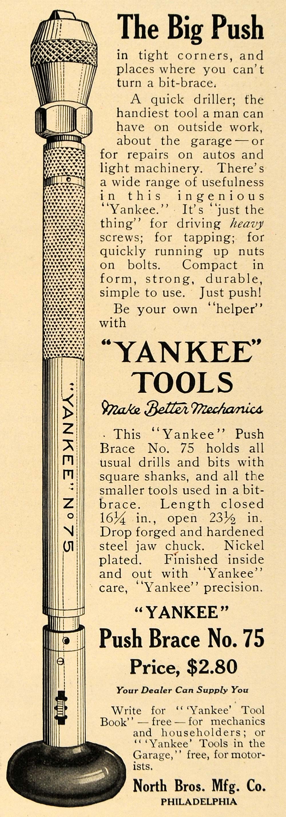 1914 Ad Push Brace No 75 Yankee Tools North Brothers - ORIGINAL ADVERTISING TW3