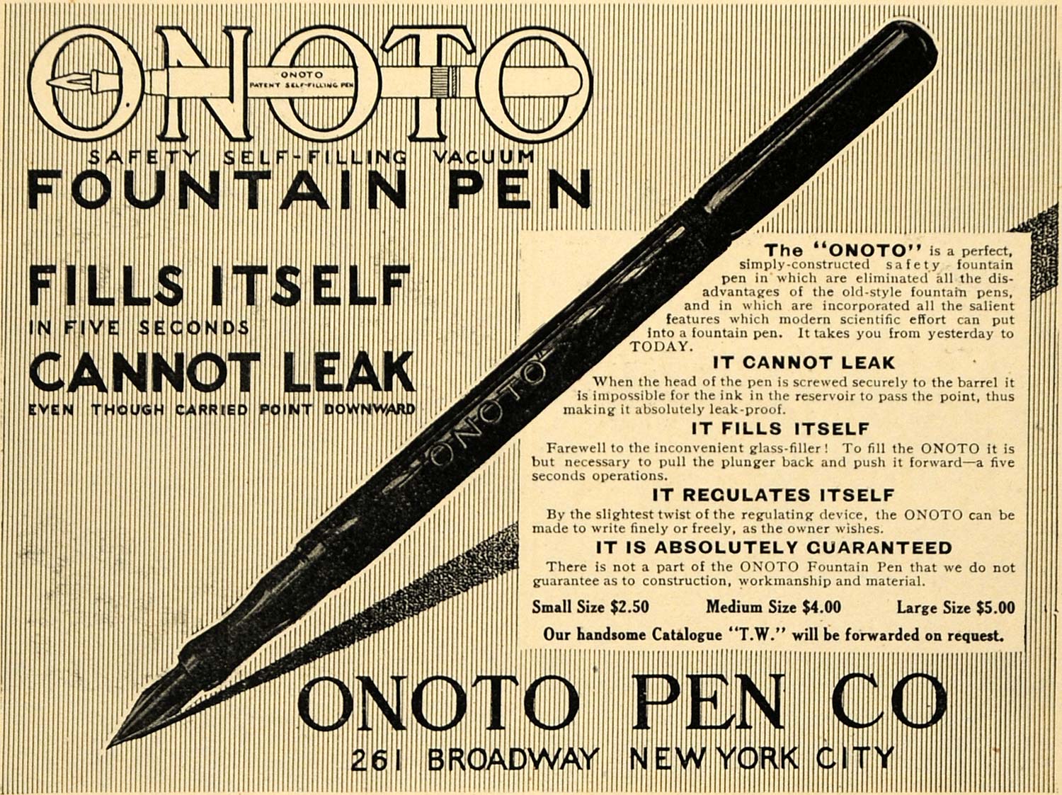 1909 Ad Onoto Pen Company Self-Filling Vacuum Fountain - ORIGINAL TW3