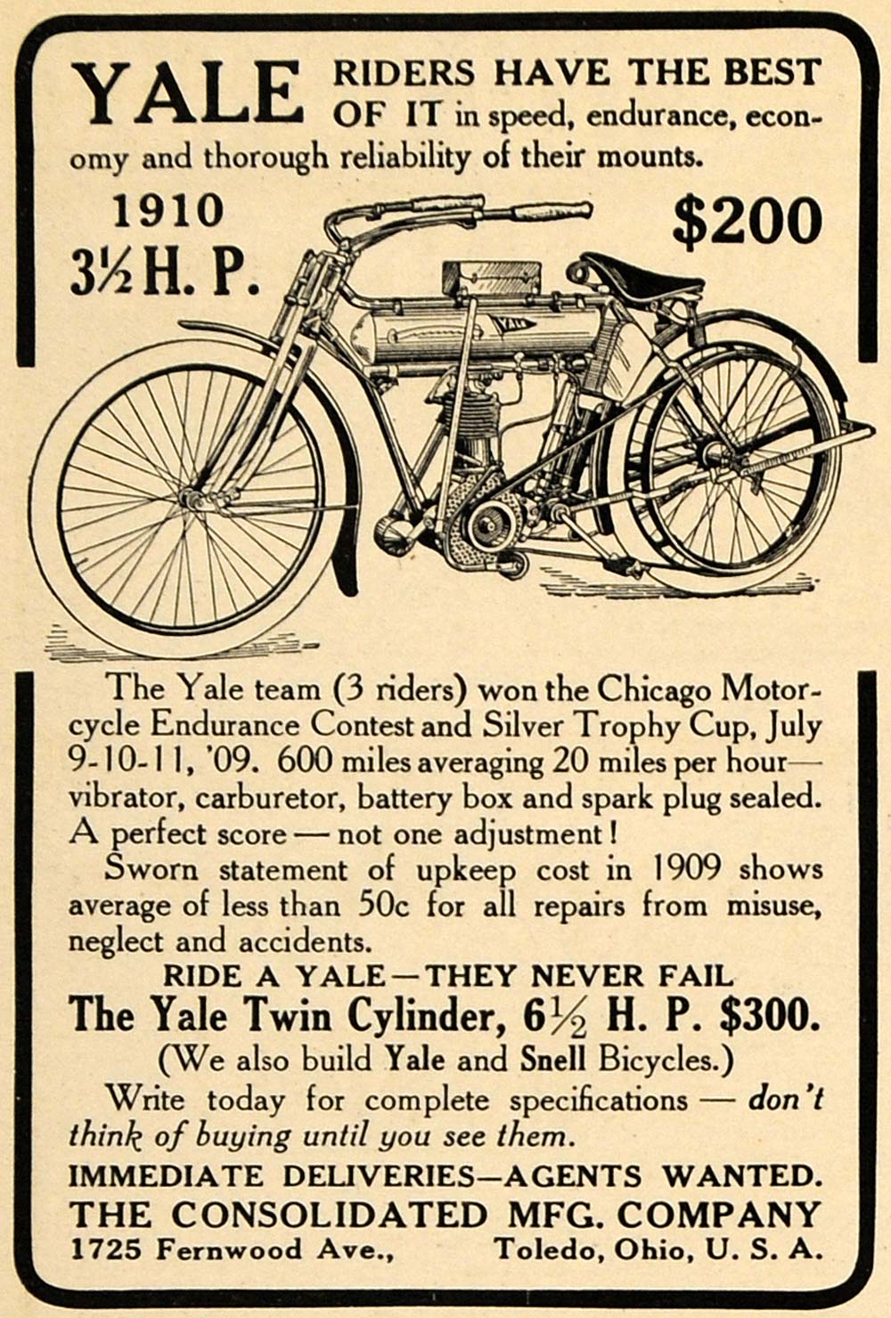 1910 Ad Yale Twin Cylinder Motorcycle Consolidated Co. - ORIGINAL TW3