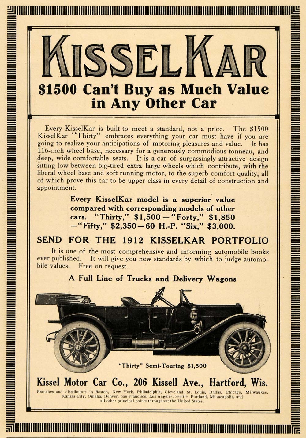 1910 Ad Kissel Kar Hartford Motor Car Wisconsin Auto - ORIGINAL ADVERTISING TW3